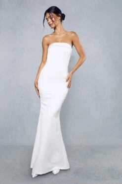 Premium Satin Strapless Corseted Button Detail Gown -Ladies Clothing Shop ivory premium satin strapless corseted button detail gown 3