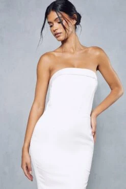 Premium Satin Strapless Corseted Button Detail Gown -Ladies Clothing Shop ivory premium satin strapless corseted button detail gown 4