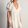 Puff Sleeve Plunge Tiered Smock Dress -Ladies Clothing Shop ivory puff sleeve plunge tiered smock dress
