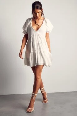 Puff Sleeve Plunge Tiered Smock Dress -Ladies Clothing Shop ivory puff sleeve plunge tiered smock dress 3