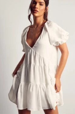 Puff Sleeve Plunge Tiered Smock Dress -Ladies Clothing Shop ivory puff sleeve plunge tiered smock dress 4