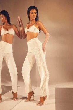 Satin Feather Trim Trousers