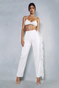 Satin Feather Trim Trousers -Ladies Clothing Shop ivory satin feather trim trousers 4