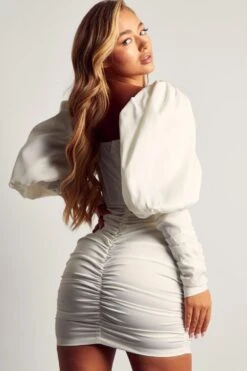 Satin Puff Shoulder Mini Dress -Ladies Clothing Shop ivory satin puff shoulder mini dress 2