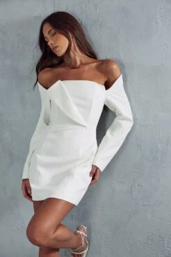 Structured Off Shoulder Mini Dress -Ladies Clothing Shop ivory structured off shoulder mini dress 4