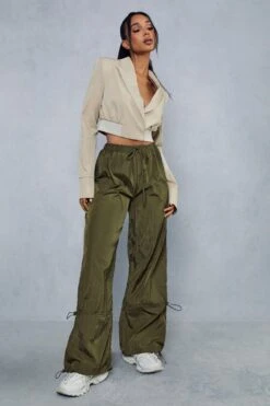 Elastic Cuff Detail Parachute Cargo Trouser -Ladies Clothing Shop khaki elastic cuff detail parachute cargo trouser 3