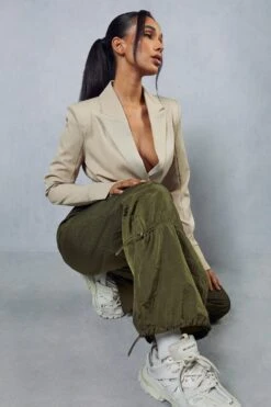 Elastic Cuff Detail Parachute Cargo Trouser -Ladies Clothing Shop khaki elastic cuff detail parachute cargo trouser 4