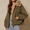 Faux Fur Collar Utility Parka -Ladies Clothing Shop khaki faux fur collar utility parka