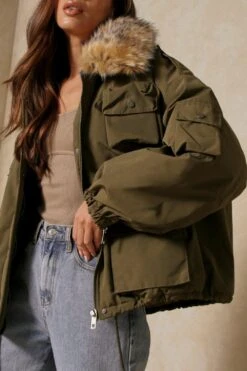 Faux Fur Collar Utility Parka -Ladies Clothing Shop khaki faux fur collar utility parka 2