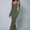 Ribbed Cupped Long Sleeve Maxi Dress -Ladies Clothing Shop khaki ribbed cupped long sleeve maxi dress