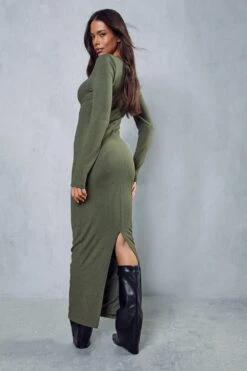 Ribbed Cupped Long Sleeve Maxi Dress -Ladies Clothing Shop khaki ribbed cupped long sleeve maxi dress 2