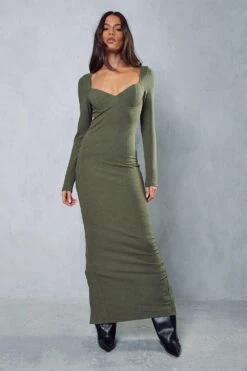 Ribbed Cupped Long Sleeve Maxi Dress -Ladies Clothing Shop khaki ribbed cupped long sleeve maxi dress 3