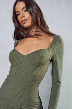 Ribbed Cupped Long Sleeve Maxi Dress -Ladies Clothing Shop khaki ribbed cupped long sleeve maxi dress 5