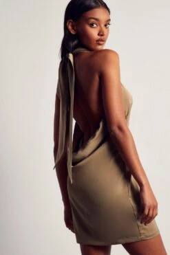 Satin Cowl Open Back Mini Dress -Ladies Clothing Shop khaki satin cowl open back mini dress 2
