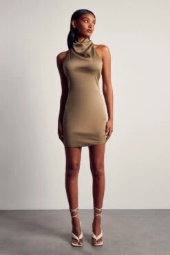 Satin Cowl Open Back Mini Dress -Ladies Clothing Shop khaki satin cowl open back mini dress 3