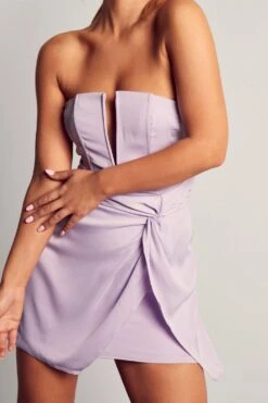 Satin V Bar Twist Front Mini Dress -Ladies Clothing Shop lilac satin v bar twist front mini dress 4