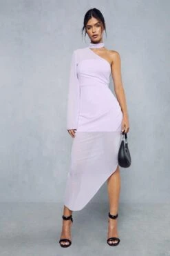 Sheer Overlay Ruched Choker Neck Asymmetric Midi Dress -Ladies Clothing Shop lilac sheer overlay ruched choker neck asymmetric midi dress 4