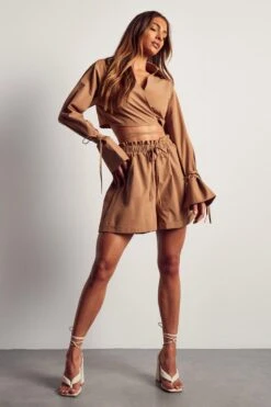 Poplin Drawstring Cropped Shirt Co-ord -Ladies Clothing Shop mocha poplin drawstring cropped shirt co ord 3