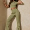 Ribbed Backless Top And Flare Co-ord -Ladies Clothing Shop olive ribbed backless top and flare co ord