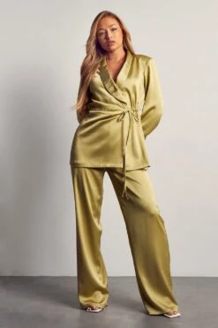 Satin Ruched Kimono Style Shirt -Ladies Clothing Shop olive satin ruched kimono style shirt 3