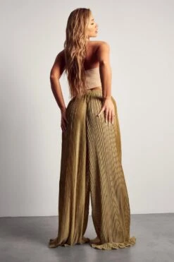 Wide Leg Sheer Glitter Plisse Trouser -Ladies Clothing Shop olive wide leg sheer glitter plisse trouser 2