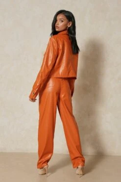 Leather Look High Waisted Trouser -Ladies Clothing Shop orange leather look high waisted trouser 2