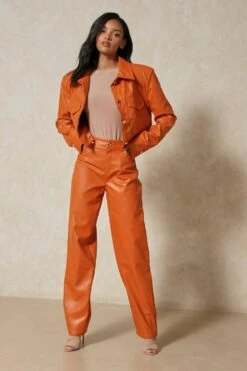 Leather Look High Waisted Trouser -Ladies Clothing Shop orange leather look high waisted trouser 3