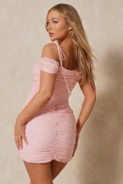 Dobby Mesh Ruched Off The Shoulder Dress -Ladies Clothing Shop pink dobby mesh ruched off the shoulder dress 2