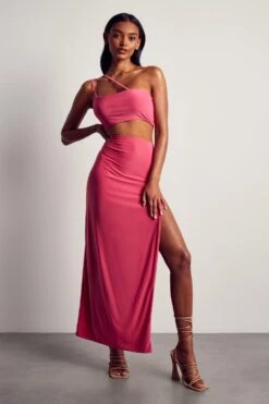 Double Layer Slinky Asymmetric Maxi Co-ord -Ladies Clothing Shop pink double layer slinky asymmetric maxi co ord 3
