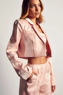 High Shine Boxy Cropped Blazer -Ladies Clothing Shop pink high shine boxy cropped blazer 4