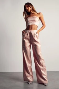 High Shine Wide Leg Trousers -Ladies Clothing Shop pink high shine wide leg trousers 3