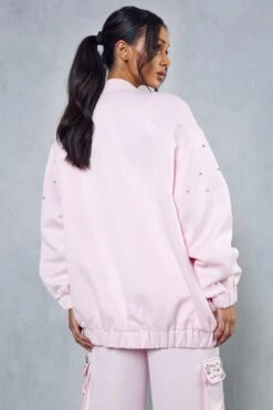 Premium Satin Embellished Bomber Jacket -Ladies Clothing Shop pink premium satin embellished bomber jacket 2