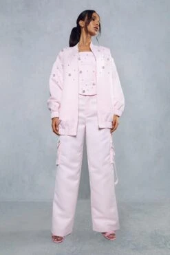 Premium Satin Embellished Bomber Jacket -Ladies Clothing Shop pink premium satin embellished bomber jacket 3