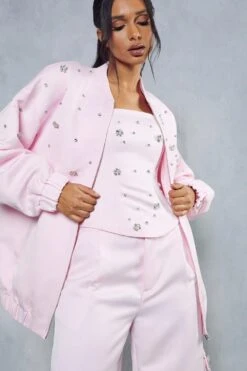 Premium Satin Embellished Bomber Jacket -Ladies Clothing Shop pink premium satin embellished bomber jacket 4