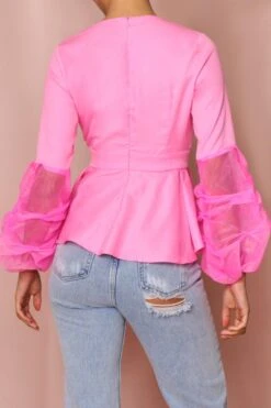 Ruched Organza Sleeve Pleated Plunge Top -Ladies Clothing Shop pink ruched organza sleeve pleated plunge top 1