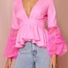 Ruched Organza Sleeve Pleated Plunge Top -Ladies Clothing Shop pink ruched organza sleeve pleated plunge top