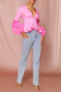 Ruched Organza Sleeve Pleated Plunge Top -Ladies Clothing Shop pink ruched organza sleeve pleated plunge top 2