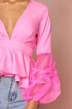 Ruched Organza Sleeve Pleated Plunge Top -Ladies Clothing Shop pink ruched organza sleeve pleated plunge top 3