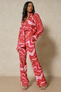 Satin Marble Print Wide Leg Trousers