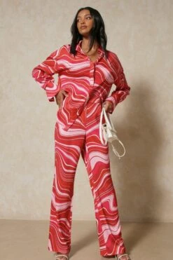 Satin Marble Print Wide Leg Trousers -Ladies Clothing Shop pink satin marble print wide leg trousers 4