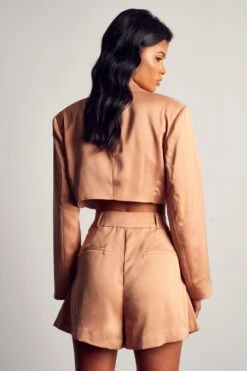 Textured Satin Cropped Oversized Blazer -Ladies Clothing Shop sand textured satin cropped oversized blazer 2