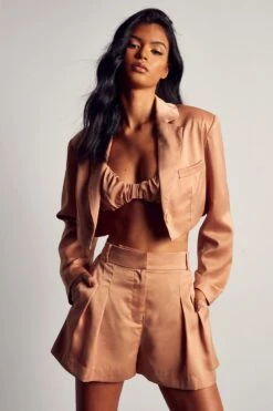Textured Satin Cropped Oversized Blazer