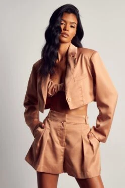 Textured Satin Cropped Oversized Blazer -Ladies Clothing Shop sand textured satin cropped oversized blazer 4