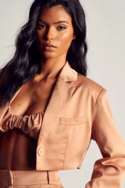 Textured Satin Cropped Oversized Blazer -Ladies Clothing Shop sand textured satin cropped oversized blazer 5