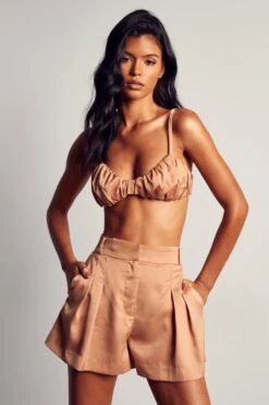Textured Satin Ruched Bralet -Ladies Clothing Shop sand textured satin ruched bralet 4