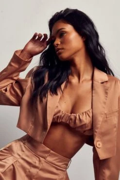 Textured Satin Ruched Bralet -Ladies Clothing Shop sand textured satin ruched bralet 5