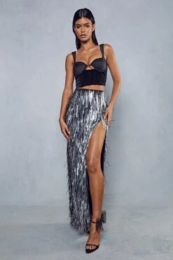 Premium Embellished Tassle Maxi Skirt -Ladies Clothing Shop silver premium embellished tassle maxi skirt 4