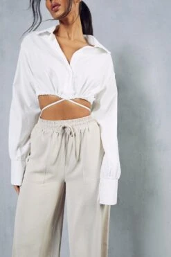 Drawstring Waist Pocket Detail Wide Leg Trouser -Ladies Clothing Shop stone drawstring waist pocket detail wide leg trouser 5