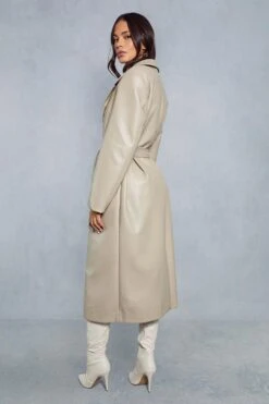 Leather Look Belted Trench Coat -Ladies Clothing Shop stone leather look belted trench coat 2