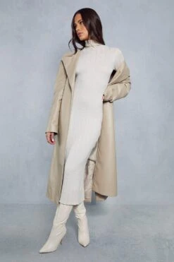Leather Look Belted Trench Coat -Ladies Clothing Shop stone leather look belted trench coat 3